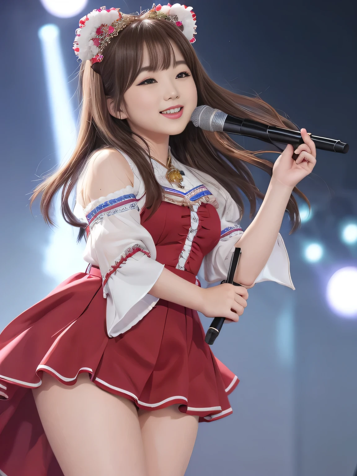 (Highest Quality)、masterpiece、hyperrealism、highlights are amazing、Vibrant Festival Stage、Sing live 、Sexy Female Idols、A sea of penlights、 holding a microphone in their hands、lustrous brown hair 、middle twin tail、circlet、
cute、Red lips、Laughter 、 idol dress、Chubby Glowing Thighs、Chibi Characters、acrobatic angle、amazing beauty、
cloak、magic wand on the hill、Taken with X-T4、85mm、blurry background