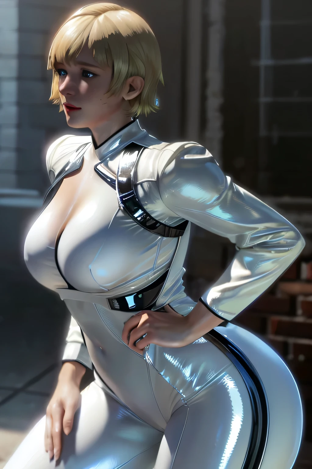Perfect Anatomy Highest Quality,highest resolution,(((shiny white clothes shiny blonde short hair blue eyes shiny skin))) Sherry Birkin