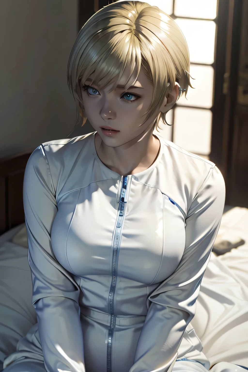 Perfect Anatomy Highest Quality,highest resolution,(((shiny white clothes shiny blonde short hair blue eyes shiny skin))) Sherry Birkin