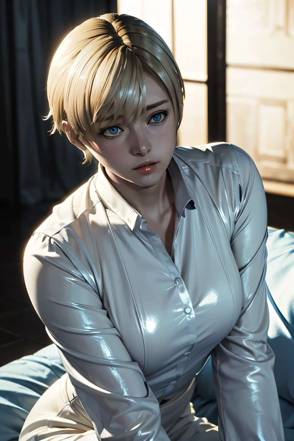 Perfect Anatomy Highest Quality,highest resolution,(((shiny white clothes shiny blonde short hair blue eyes shiny skin))) Sherry Birkin