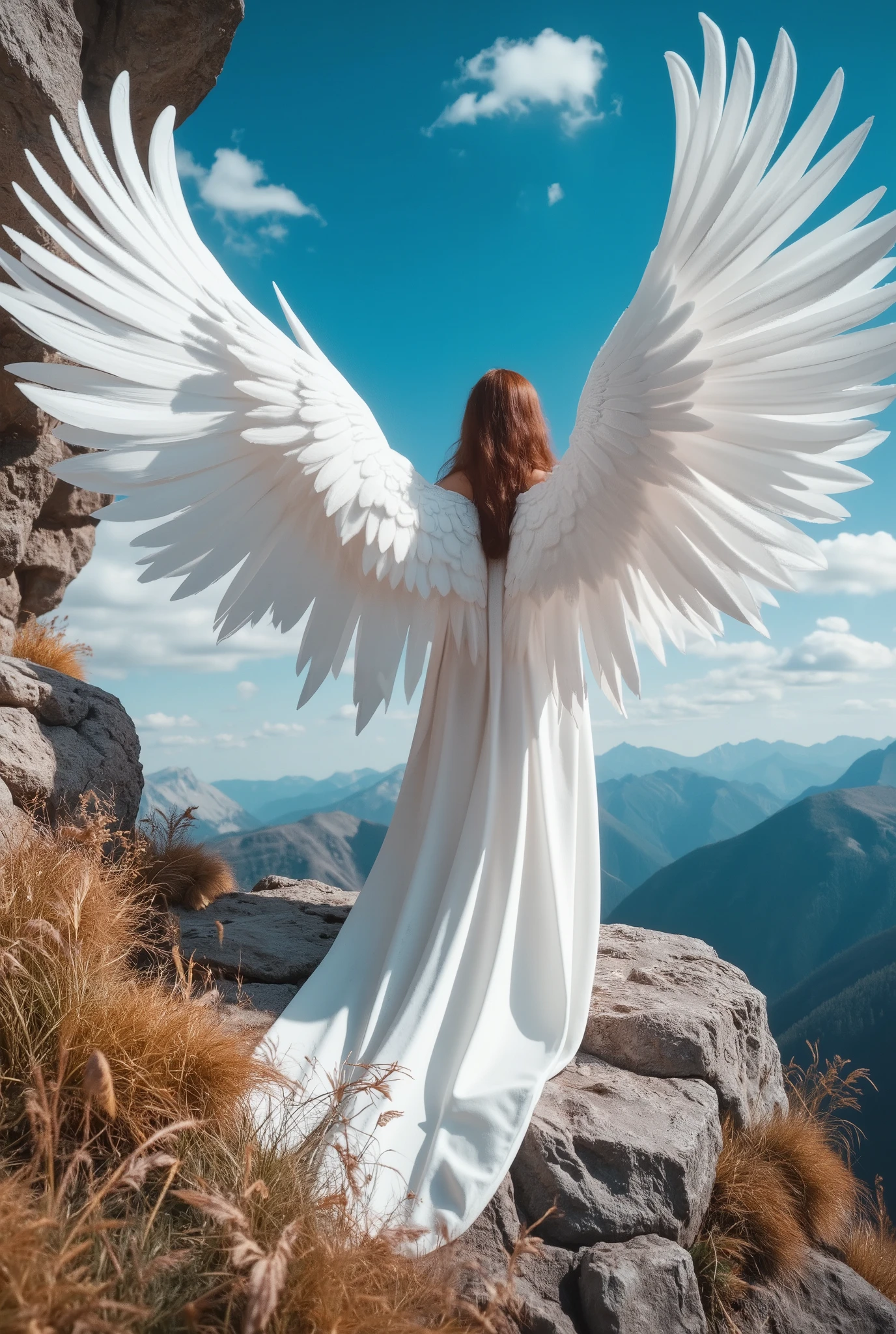 Rear view of a woman with wings, wings growing from her back. Big wings on her back, waving in the sky. Large, detailed angel wings grow from her shoulder blades.Snow-white and soft wings rest on the rocky surface of the cliff. Lush, weightless, layered feathers with delicate intricate details cascade down the rocky cliff. Anatomically accurate sculptural image, highest quality, high detail. Subtle variations in shades speak to depth and texture. Lots of feathers fluttering all over the screen, an expression of strength and tension. A drawing with wings fluttering in the wind, an image that makes you feel movement right in front of you. In the background, you can see the endless bright blue sky dotted with fluffy white clouds, creating a serene and ethereal atmosphere. Pale golden bushes and grasses cling to the surface of the rock, contrasting with the snow-white wings. Powerful illustration,strong natural light source. Aerial, color, and tone perspective. Spectacular natural lighting highlights the structure of the feathers and the rocky texture of the cliff. The wide-angle shot highlights the scale and grandeur of the wings and the mountain top. The image conveys a sense of peace and awe, hinting at a majestic, timeless quality. Semi-realistic depiction of nature and fantastic elements. Realistic scenic lighting and textures. Stylized, highly detailed digital art inspired by the work of the pre-Raphaelites.