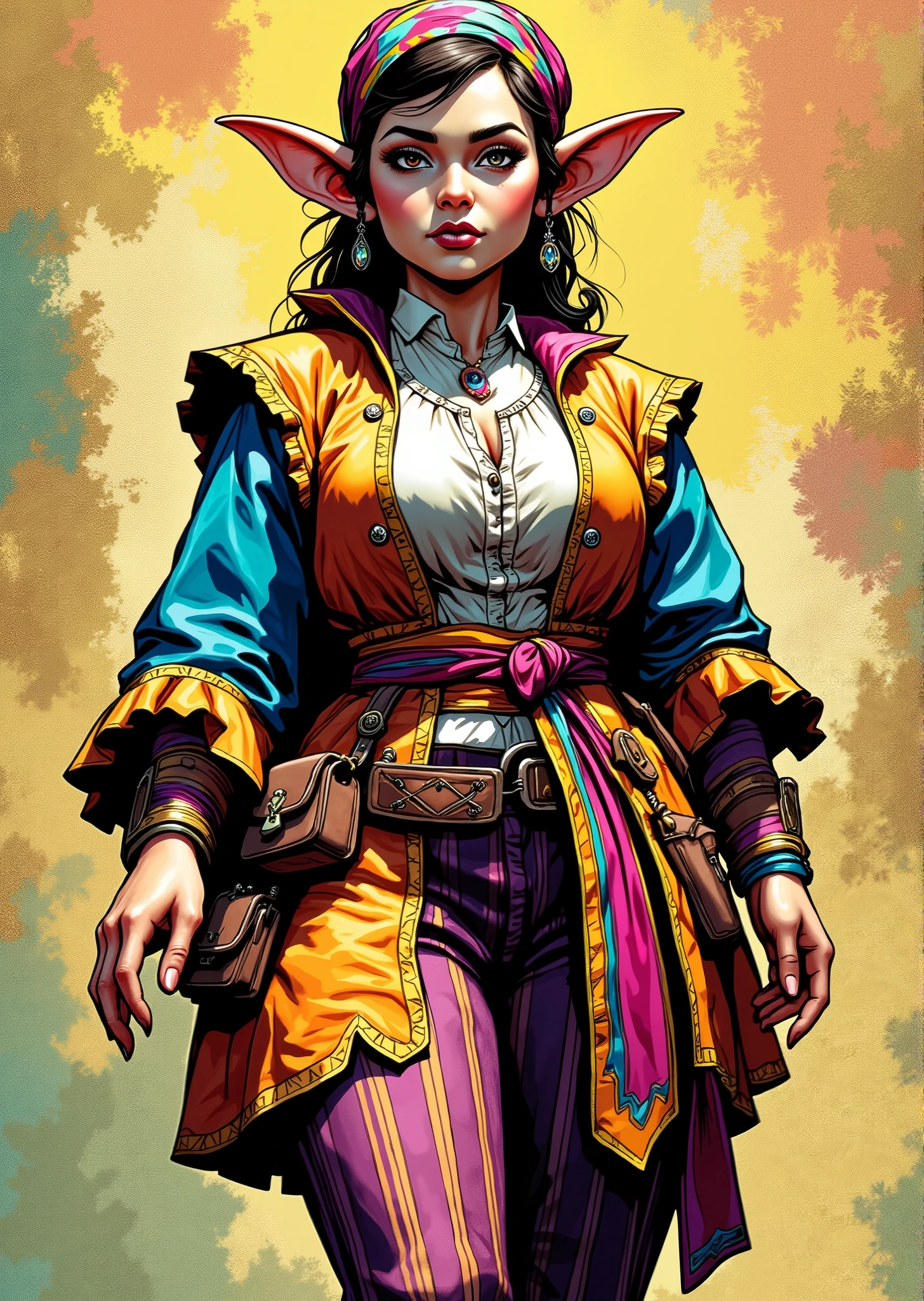 An extremely detailed comic book illustration of a stunningly beautiful extremely curvaceous Gnome from Dungeons and Dragons petite magical folk with big eyes and pointed ears created by gods of invention and illusion seldom seen by other folk due to the gnomes' secretive nature and their propensity for living in forests and burrows making up for their small size with the cleverness trained as a Bard following the College of Lore from dungeons and dragons who invoke magic through music dance and verse and are masters of soothing hurts disheartening foes and creating illusions who wield remnants of the Words of Creation which still resound and glimmer on every plane of existence wearing a colorful and whimsical outfit that reflects a lively personality with a vibrantly colored coat with a rich textured fabric featuring an elaborate design with ruffled edges and a fitted silhouette that accentuates her figure over a fitted blouse that adds contrast to the bright coat and clings to her massive breasts with a high collar and puffed sleeves with a large colorful sash tied around her waist cinching the coat and adding a dramatic flair made of a silky fabric that flows as she moves wearing a variety of accessories including a bandana or headscarf that adds to her playful look with several pouches hanging from her belt suggesting a readiness for adventure over form fitting striped trousers that create a striking visual contrast with the vibrantly colored coat and emphasize her extremely long legs in an art style inspired by Frank Miller and Conan the Barbarian. The overall outfit combines elements of fantasy and fun, showcasing her vibrant personality and readiness for adventure. The Background is awash in textured brushstrokes of metallic tones with pops of color in flashy gemstone shades. Standing in a dynamic action pose. Trending on Art Station.