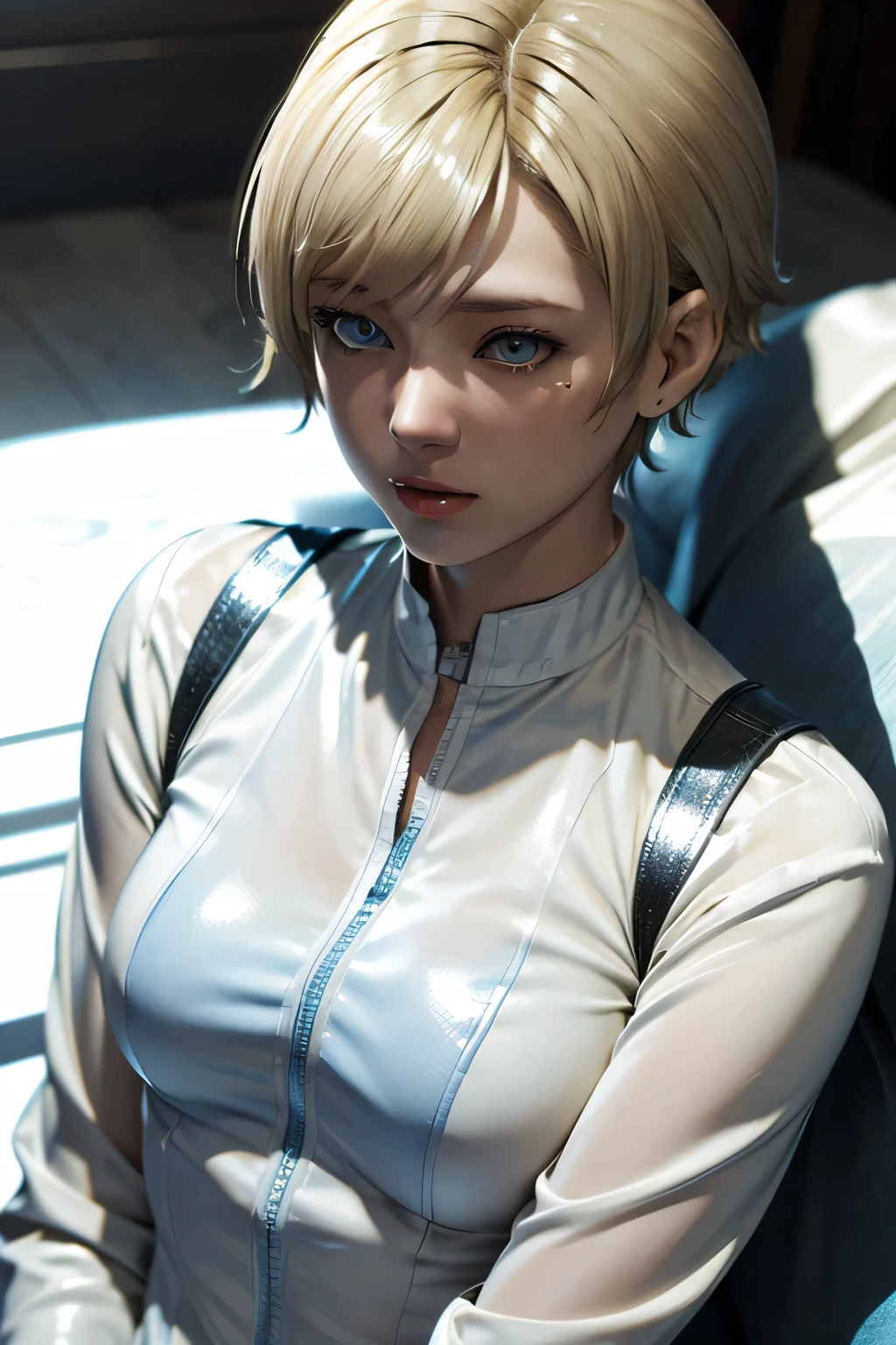 Perfect Anatomy Highest Quality,highest resolution,(((shiny white clothes shiny blonde short hair blue eyes shiny skin))) Sherry Birkin