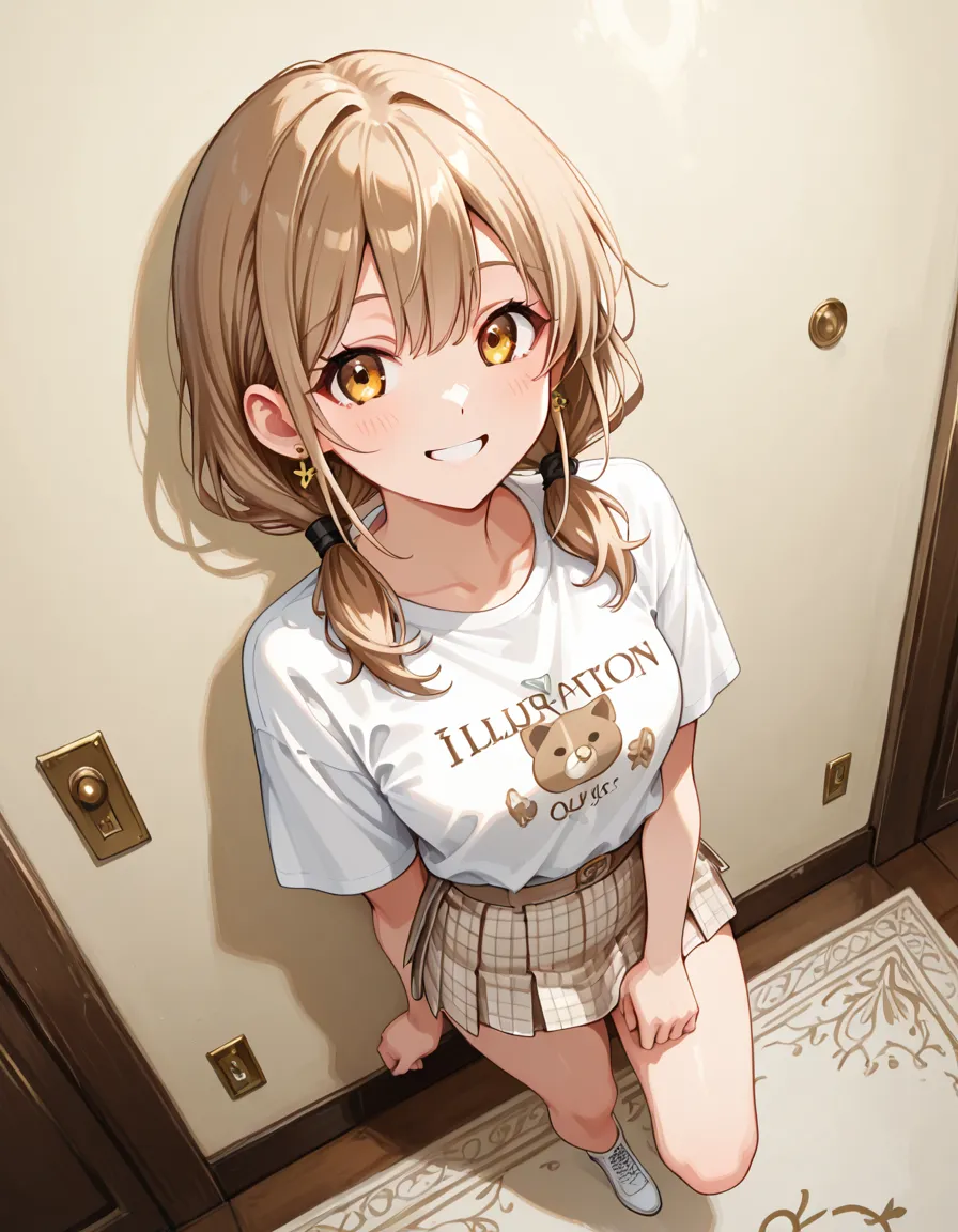 ((Masterpiece)), ((best quality)), (Anime:1.3), (super detail:1.2), (High Definition:1.3), (Professional Photography:1.4), (sharp focus), (perfect light), (()), 1girl, portrait shot, from front, ((Plain black T-shirt)), cute teenage girlper cute face, pale brown hair, messy medium hair, (flat chest), Healthy skin, blush, smile, standing on white background, place hands on hips, short pant, (Healthy slim body), (((shirts lift))), (pointy nipples),