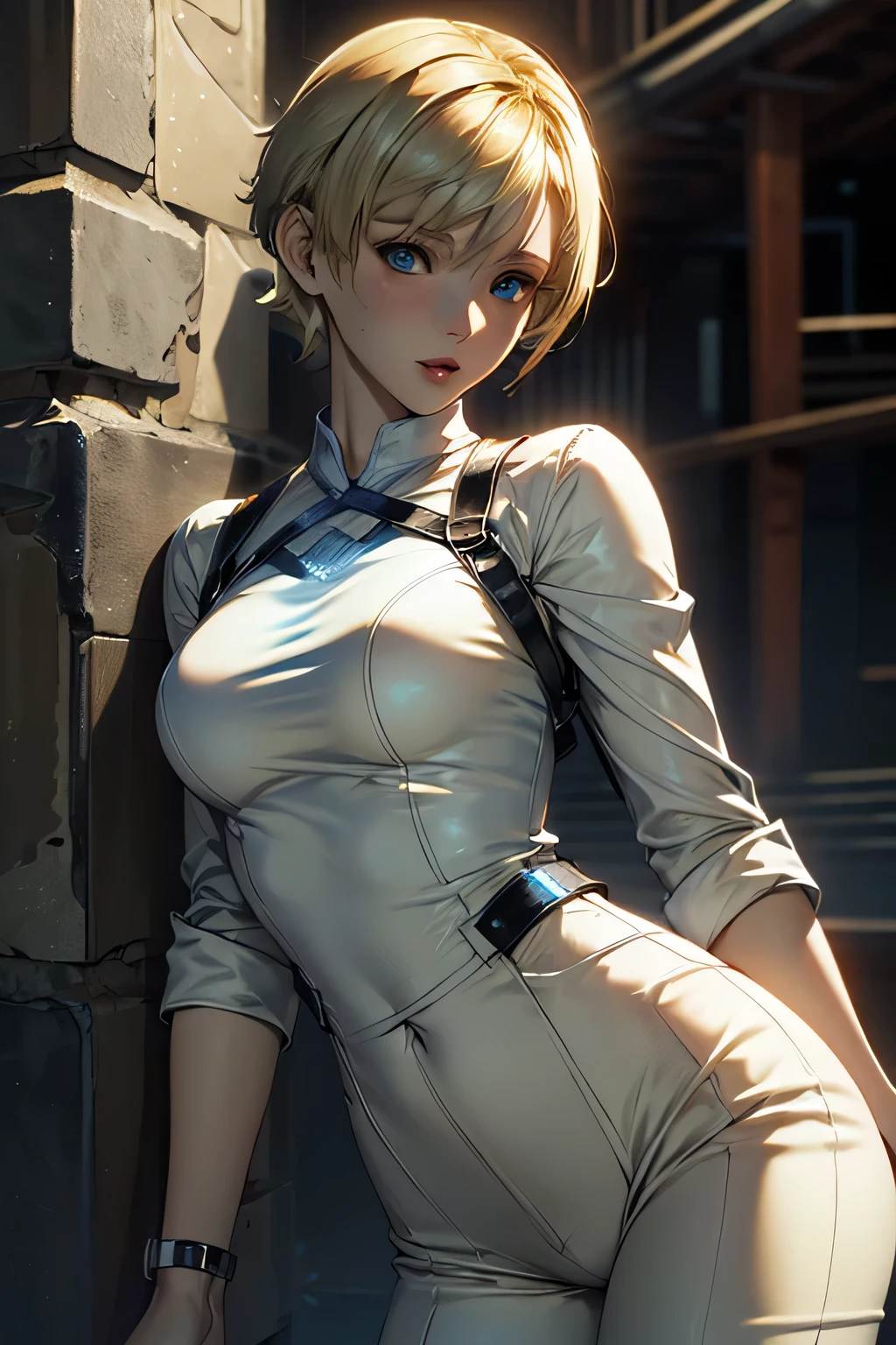 Perfect Anatomy　Highest Quality,highest resolution,(((shiny white clothes　shiny blonde　short hair　blue eyes　shiny skin)))　Sherry Birkin