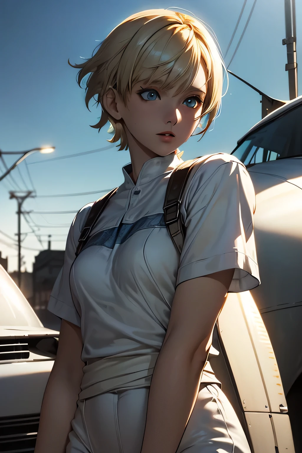 Perfect Anatomy Highest Quality,highest resolution,(((shiny white clothes shiny blonde short hair blue eyes shiny skin))) Sherry Birkin