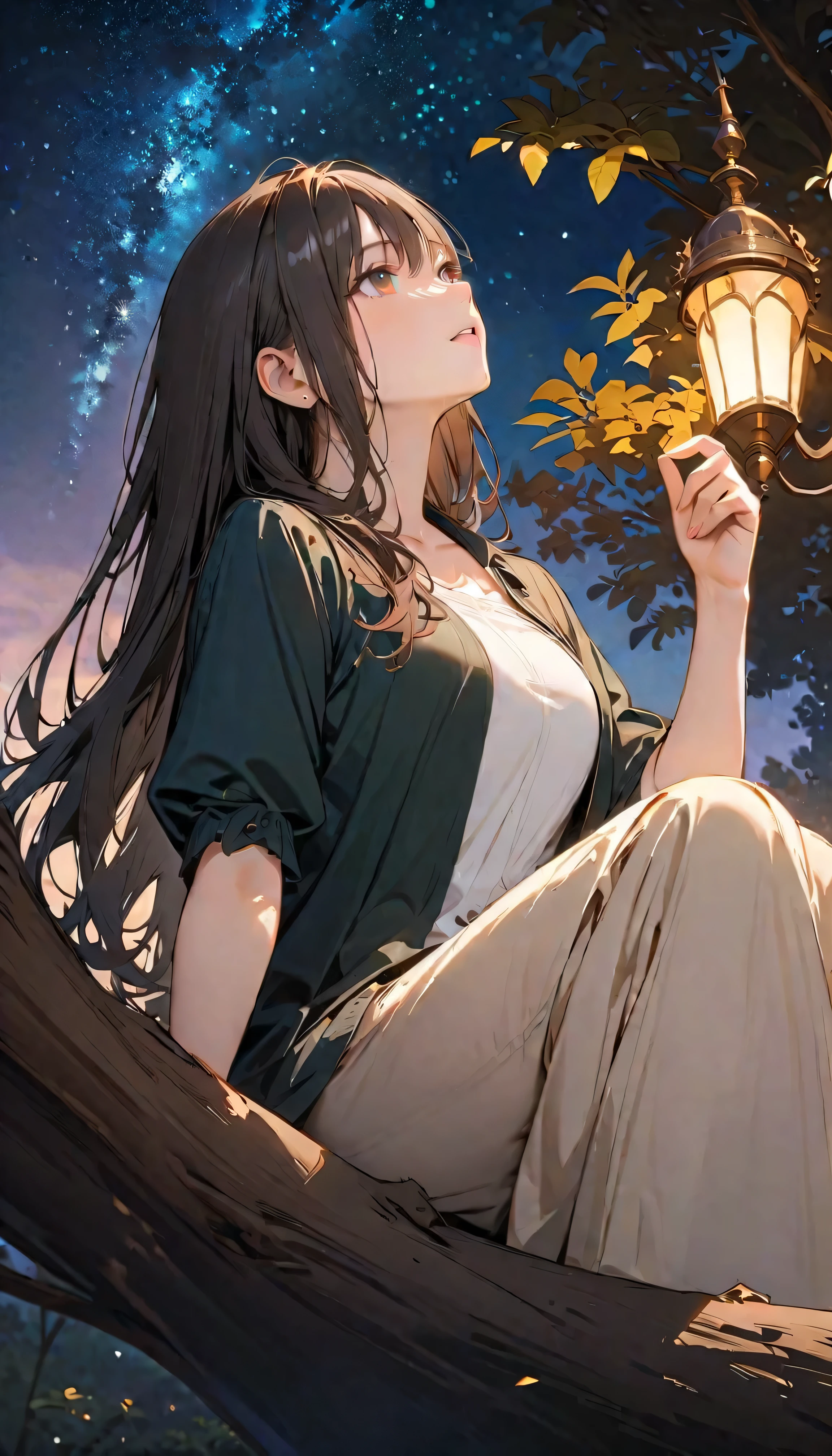 (Highest Quality:1.2, 非常にdetailsな, newest, Highest Quality, Best Aesthetics), 8K Ultra HD, 非常にdetailsな, details, Bold composition, (perfect human structure), beautiful and very delicate texture, delicate and dynamic, romantic and sweet style, concept art style, 非常に複雑なdetails, the contrast between light and dark is clear, Structured, fantastic night, light gradation , Vivid and gentle colors, An old tree, Fantastic starry sky, backlit, One nice girl, 非常にdetailsな目と顔, Dark Eyes, smooth skin texture , shiny skin, kind expression, Girl sitting on a tree branch, smiles, black hair, young, light clothing, 2.5d, realistic, looking up at the sky, angle from below
