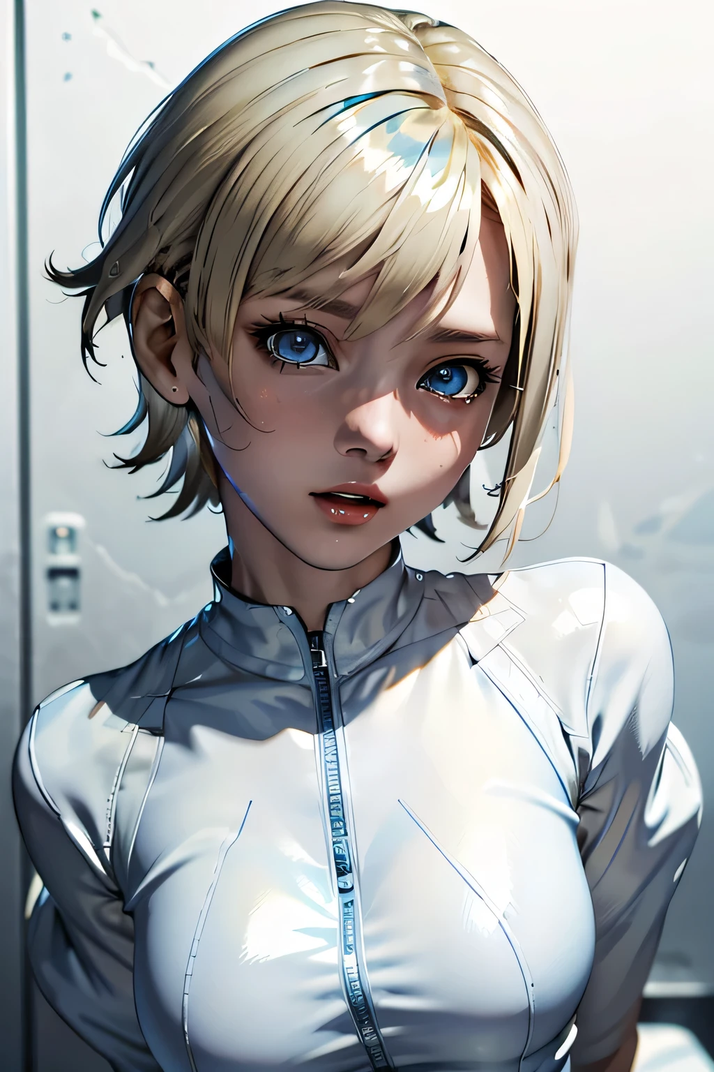 Perfect Anatomy Highest Quality,highest resolution,(((shiny white clothes shiny blonde short hair blue eyes shiny skin))) Sherry Birkin
