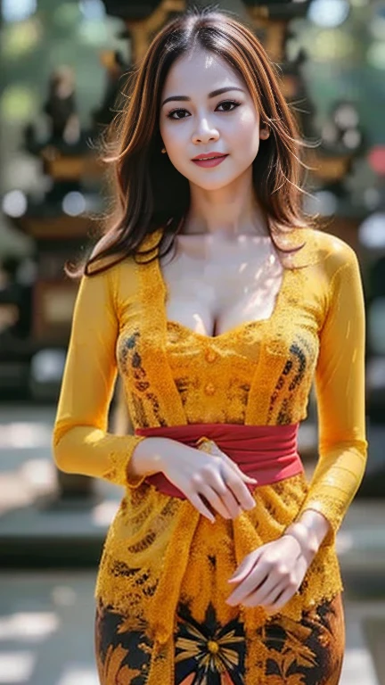 Half-length glamour portrait, nikon D850, f1.6 lens, 200mm, DSLR, 22 Megapixels, (((Blossoming orchard scene))), shot of a stunning 19 years old korean girl, (smile:1.4), (wearing Mustard yellow floral print jumpsuit with tie-waist belt:1.6), ((seductive pose)), hot girl, (((big natural breasts))), (((black fringe hair))), (small girl), symmetrical face, photorealistic, photography, (bright natural lighting), gorgeous, deep cleavage, (masterpiece), best quality, high resolution, extremely detailed, cinematic lighting, (((very narrow waist))), rich colors, hyper realistic, lifelike texture, ((jewelry)), (((She has beautiful hands and wears rings))), (bracelet), (necklace), (ankle chain), (nail polish) (earrings), Fuji Superia 200, 8k
