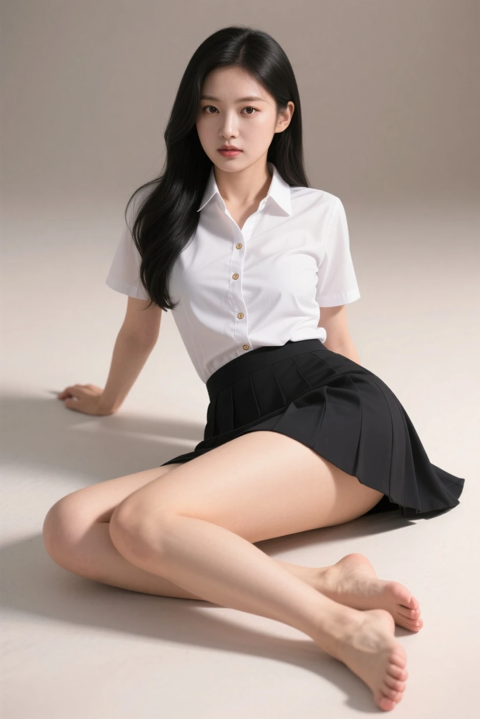 Photorealistic, very high res, Soft light,1womanl, Solo, Hips up,(Detailed face), Long hair, lying on the grass ground, look from down,spread their legs,Show panties, See panties, secretary_uniform, black micro skirt