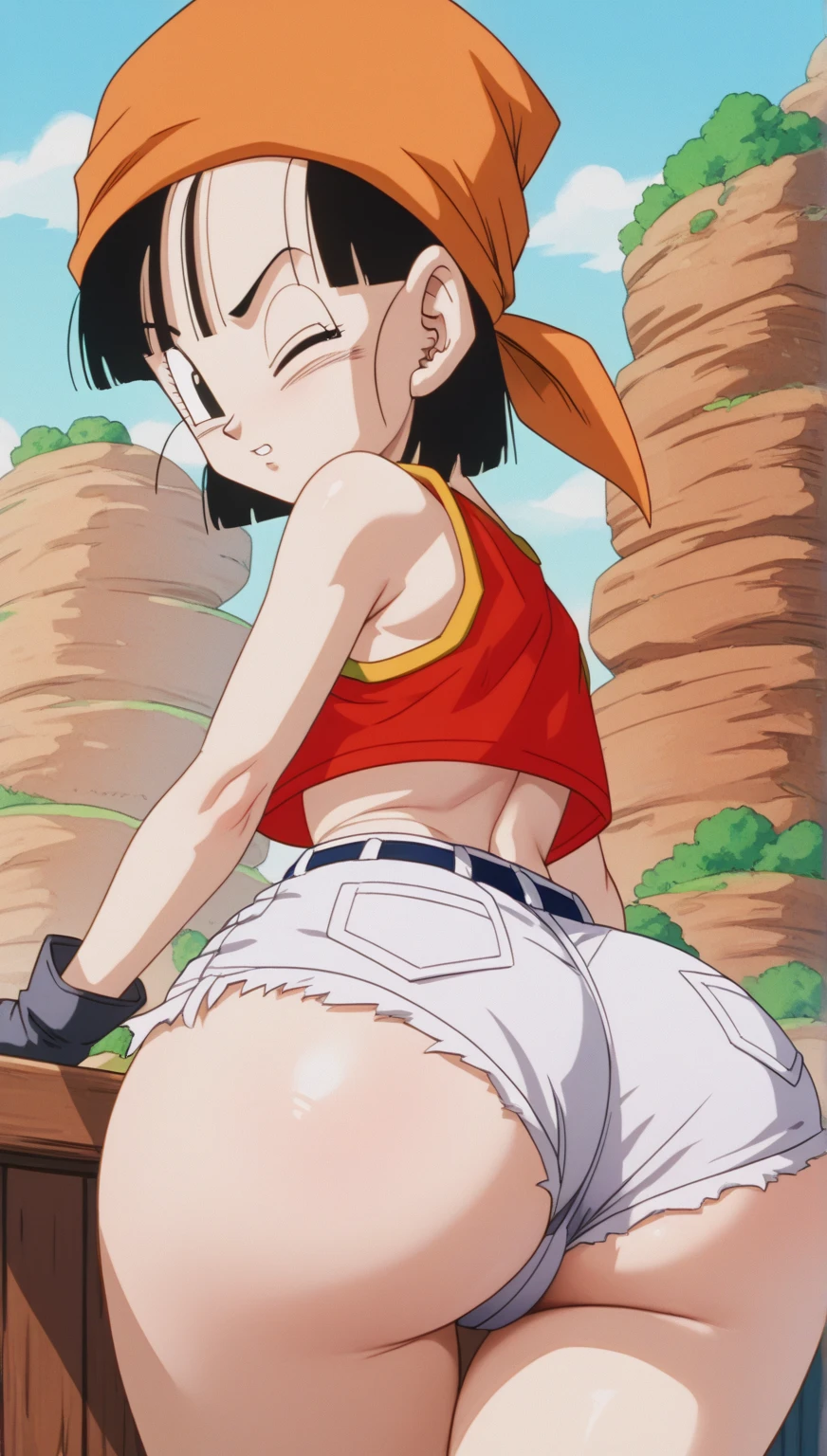 source_anime, score_9, score_8_up, score_7_up, anime screencap,
pangt, 1girl, 1 boy, smile, open mouth, bangs, happy, pupils up, pain, blushing, grass, black hair, field, collarbone,whole body :d, teeth, blunt bangs, outdoors, black eyes, eyelashes, upper teeth only, close-up, retro artstyle, , 1990s \(style\), orange headwear, tongue out, short hair, showing the ass, from behind, nude, tits, medium ass, medium breasts, sex vagina, vaginal bleeding, semen, fat old man