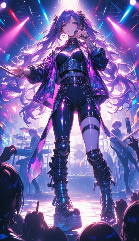 High Quality, 8k, Highres, Fine Light, Studio Lighting, Standing, Portrait of A Girl, Sexy Pose, kai'sa kda, black legging, solo, 1girl, beautiful eyes, concert stage background,