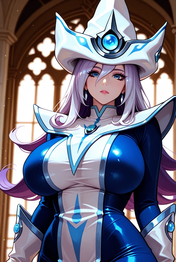 VadosSDXL, 1girl, solo, long hair, huge breasts, looking at viewer, smile, large breasts, Sexy body, cleavage, long sleeves, dress, holding, very long hair, purple eyes, ponytail, white hair, puffy sleeves, sash, colored skin, high ponytail, juliet sleeves, staff, puffy long sleeves, holding staff, blue skin, hair pulled back,