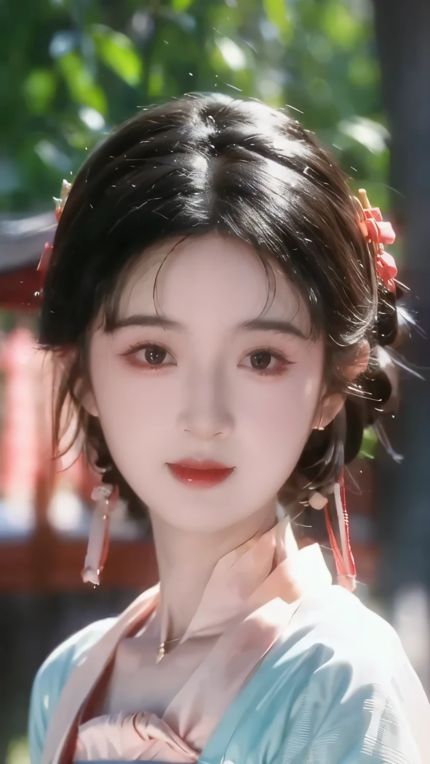 1 beautiful girl,best quality,(painting:1.5),Chest,torii,,depth of field, detailed face ,facial focus,ribbon_trim,(watching the audience:1.25),Smile,Thick lips,Real People,