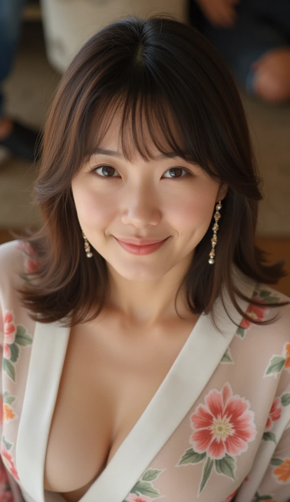 super high quality, Background Blur, In a hotel room, gravure, I'm sticking out my, 65 years old, ,Fat belly,Very plump, From the chest up, masterpiece, Highest quality, Very detailed, Realistic, Ultra-dense skin, Perfect Anatomy, Plump Mature Woman, Wrinkles around the eyes, , Big Breasts, In underwear, A shy toothy smile, Chubby, Glamour, sexy, Pure white skin, Looking at the audience,