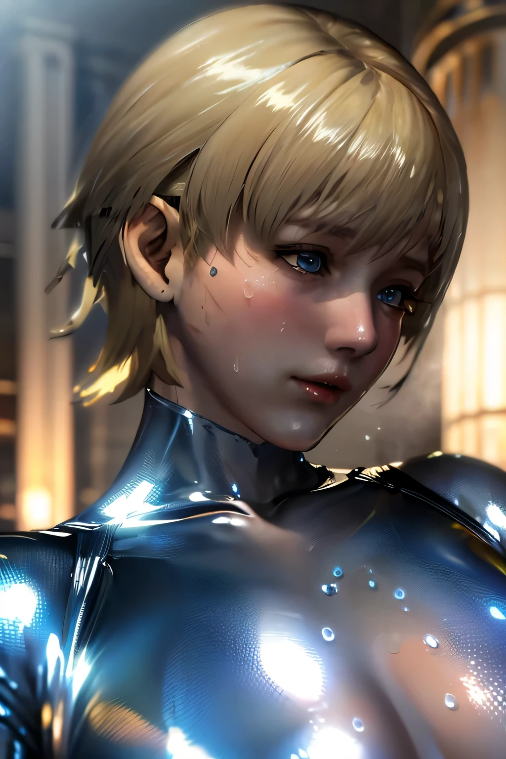 Perfect Anatomy　Highest Quality,highest resolution,((( shiny white bodysuit　shiny blonde　short hair　blue eyes　shiny skin　sweat)))　Sherry Birkin