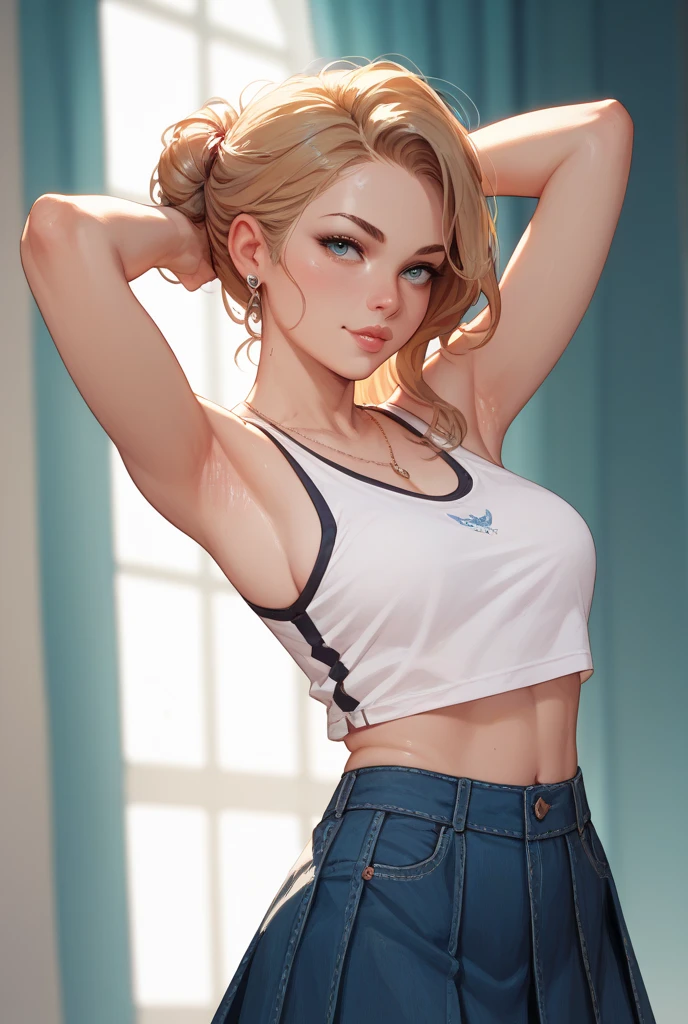 ((((masterpiece, best quality, high resolution)))), Extremely detailed 8K, Beautiful girl with voluptuous body, (Ultra HD, Ultra-detailed, Highly detailed, Highly realistic, Ultra-realistic, photograph realistic), (1girl:1.5), (Realistic white hair), (short wavy hair, hair ornaments, earrings), (dynamic poses), facing at camera, looking at viewer, (blushing red, embarrassed, smile), (purple eyes, sharp eyes), (perky breasts:1.2), (beautiful detailed face, beautiful detailed eyes), ((black sports bra)), (hands spreading ass:1.3), sweat, glow, (sunbeam, sunlight), ((cowboy shot)), bedroom, seductive, viewed_from_behind, visible back, butt_cheeks
