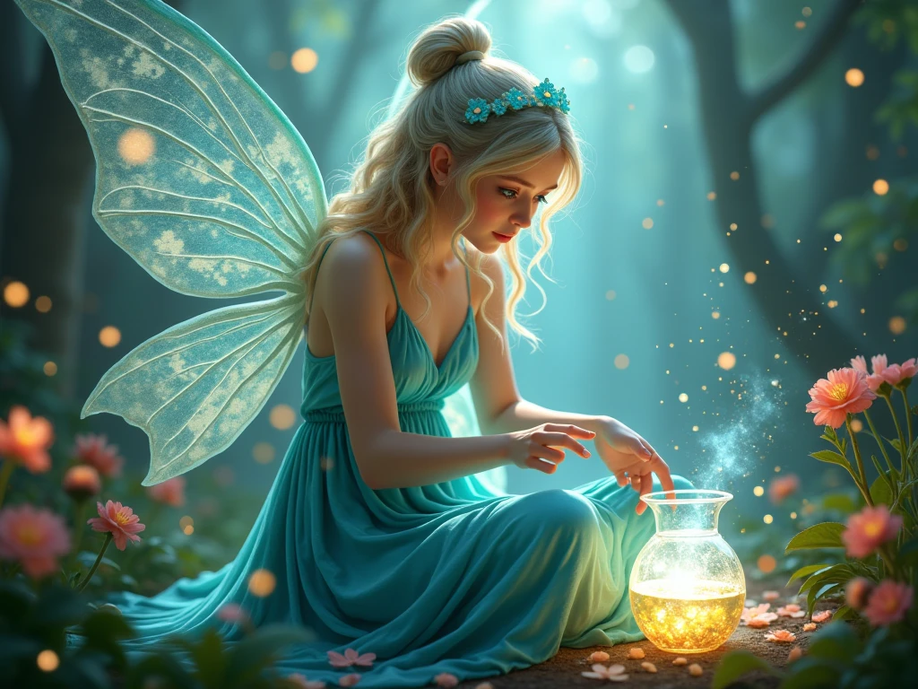 (medium full shot) of (long shot , back view) of enchanted fairy creating a potion, detailed face, located in a magical scene at a enchanted meadow during afternoon with stormy weather, illuminated by sparkling orbs, creating a majestic atmosphere, ,Masterpiece,best quality, raw photo, realistic, very aesthetic