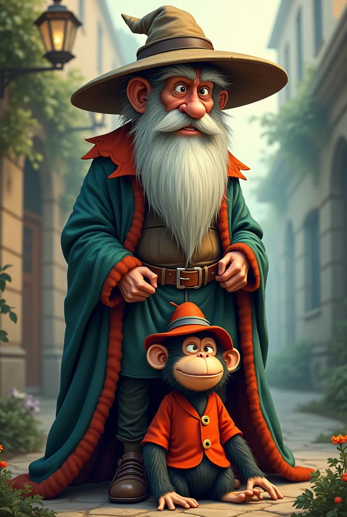 Cartoon style, an old man wearing a wide-brimmed hat, vest, long beard ...