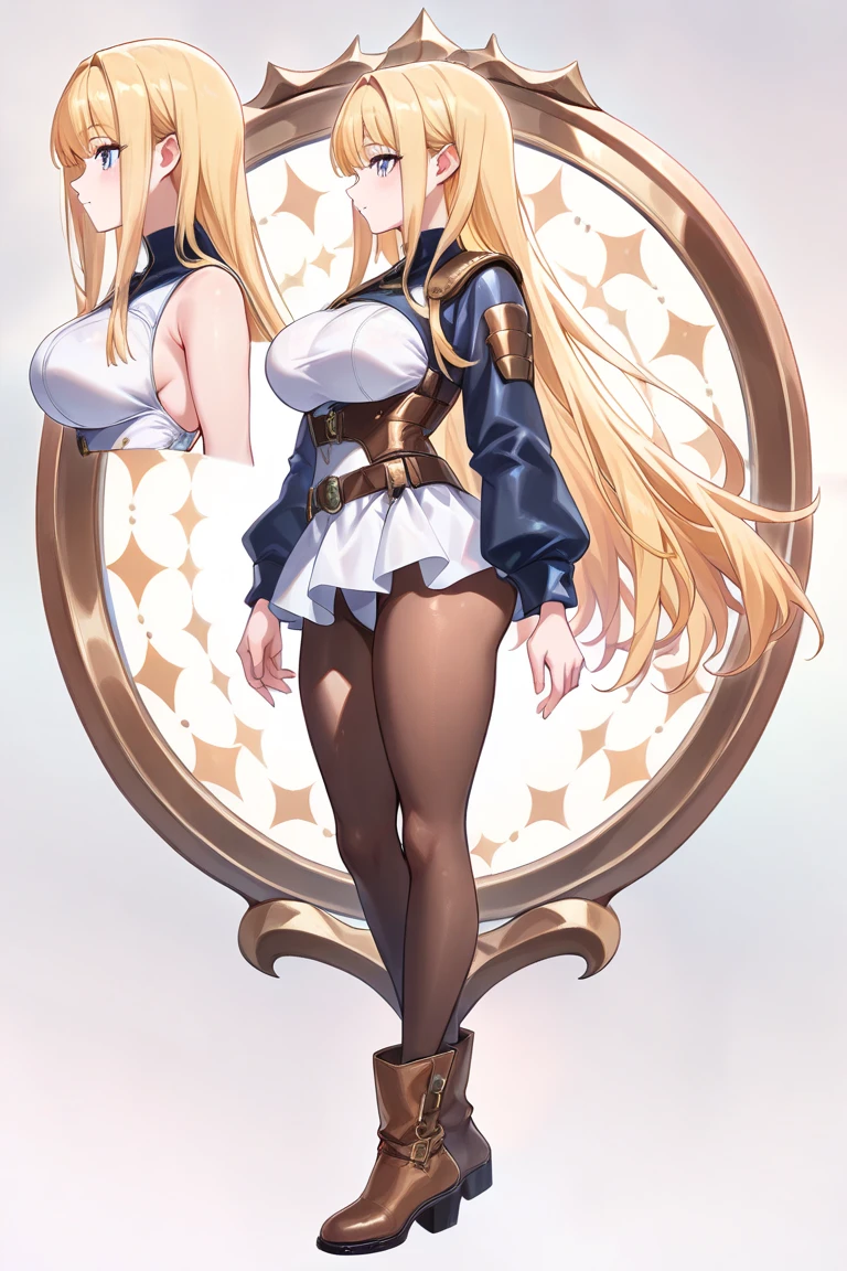 (all intrincate details), 1girl view, navia, long hair, blonde hair, blue eyes, open dress, bangs, gloves, bare shoulders, cleavage, thighhighs, black gloves, drill hair, detached sleeves, spread legs, pussy, arms behind head, both armpits, cowboy shot, smile, symmetrical face, looking at viewer, full body.