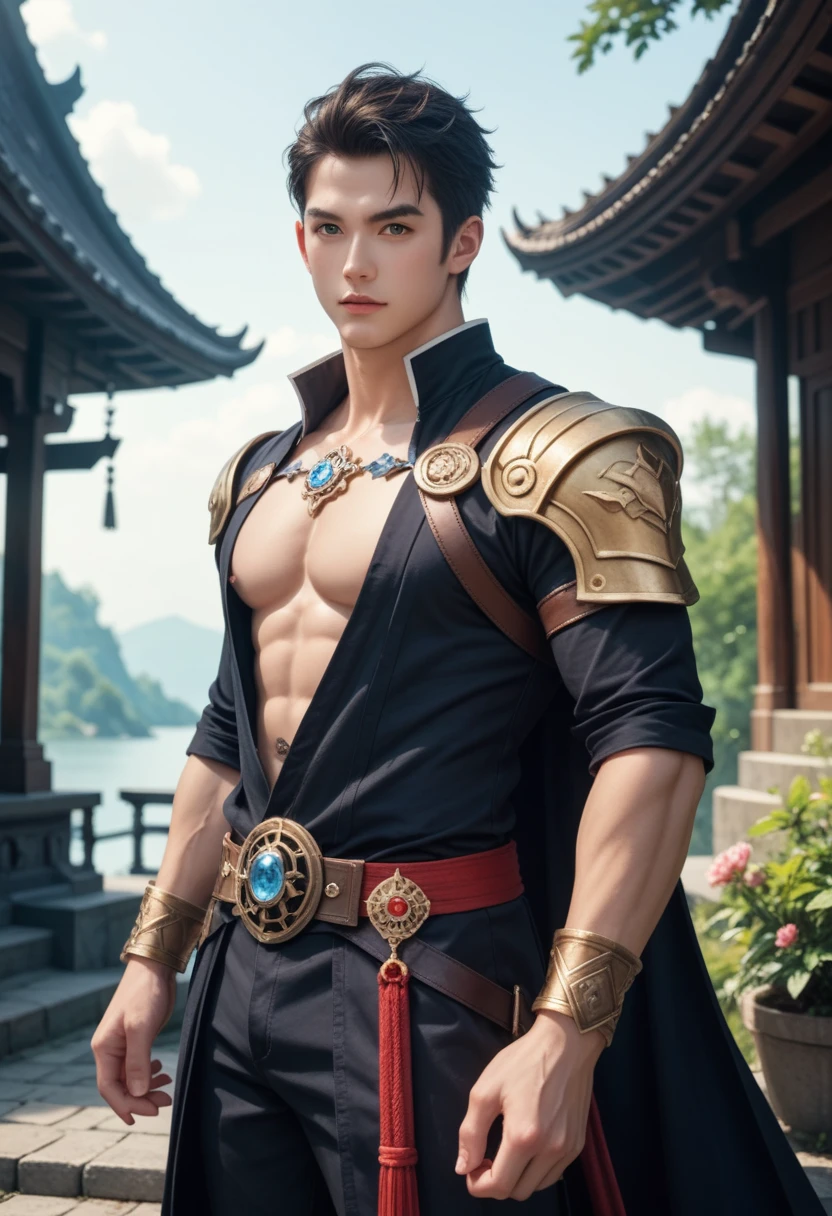top-quality、​masterpiece、超A high resolution、(realisitic:1.4)、详细的脸、独奏、１human male、The upper part of the body、Dark hair、glistning skin、dense skin、(asian human)、architectural、(absurderes、hight resolution、ultra-detailliert)、、1 male、Adults、(a 25-year-old man)、a handsome、tall muscular man、broad shoulder、extra very short hair、angular jaws、thick neck、thick eyebrow、extra very short hair、A dark-haired、fine eyes and detailed face、 Highly detailed CG Unity 8K wallpapers、intricate-detail、(Style Swirl Magic:0.7)、looking at the spectator、独奏、(full body Esbian:0.6)、细致背景、A detailed face、dynamicposes、、dynamic compositions、 big muscle、、((((Crotch bulge))))、a handsome、 ((masutepiece:1.4, Best Quality)), ((masutepiece, Best Quality)), (photographrealistic:1.4)、(((Sorcerer)))、grin, 、a smirk、Sunny and cloudy sky、(Complex blue long sleeve enchantment costume),  (Fantasy Library Background:1.2), Photorealistic、