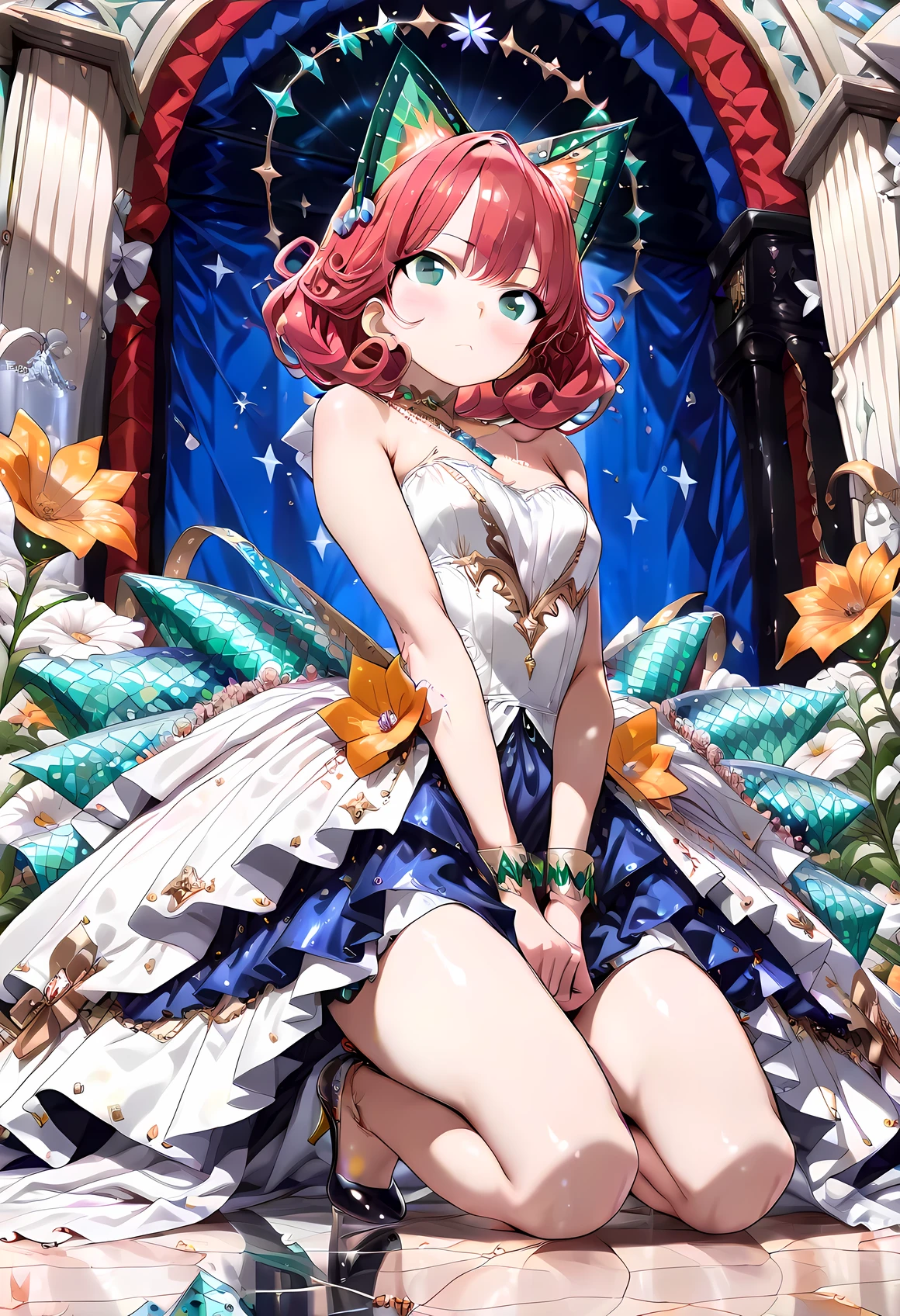 ((best quality)), ((masterpiece)), (detailed), perfect face, ((Best quality, 8k, Masterpiece: 1.3)), Sharp focus A beautiful woman with perfect body, Slim abdomen, gorgeous, dazzling, elegant, showy, Blooming flowers, twinkling stars, Low angle, cat ears, Expensive dress, Noble clothing, jewels (emeralds, diamonds, sapphires), Curly Hair, kneeling