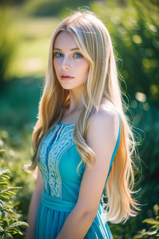 Blonde very long hair
Small dense curly
blue eyes
Small lips
Love fishing
Green long dress
Very realistic
Pale skin