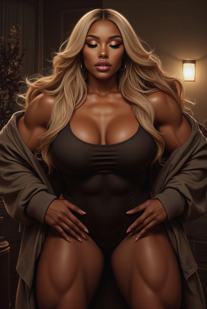 Photo of tall and strong woman in white in African ebony (vests:1.2) , full body shot shot,Exaggerate the huge lateral chest, Muscles throughout the body,Abs,Incredibly exaggerated huge buttocks,Large long thick legs,Leg muscles,high-heels, Stunning, Gorgeous woman, Female boss, jewelry, Earrings, necklace, Sexy attire, Long hair, view the viewer, Realism, vfx, voluminetric lighting, volumettic light, volumetr, Natural lighting, High details, Detailed and intricate, Intricate details, High intricate details, absurd amount of details, absurderes, high resolution, Medium shot, Single shot, shallow focus, Lips, Medium breasts, Bracelet, Charm, band, bras, necklace, chain, Charm, Neck,