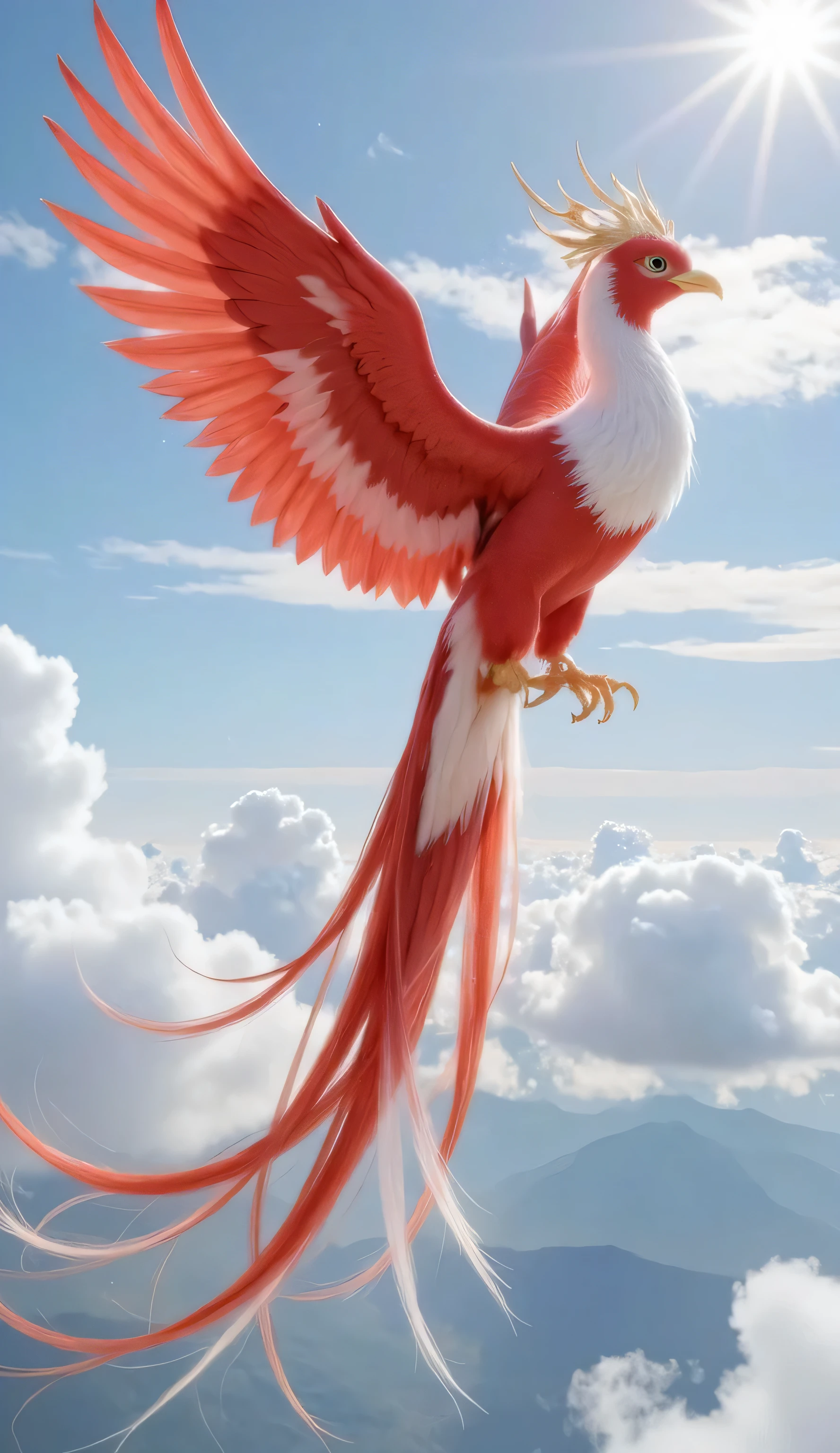 Generate a red and white Phoenix in the sky