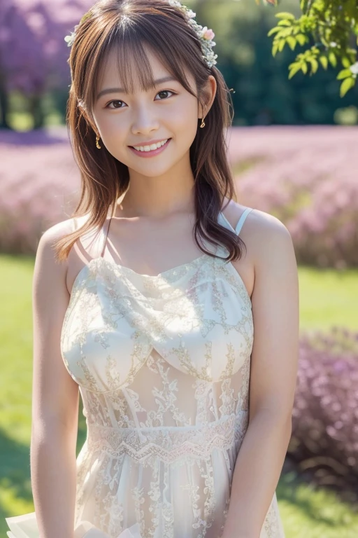 Masterpiece, Best quality, 8k, 18 ans, Photo brute, absurdes, Award-winning portrait, sourire, sourire, pure, french, pink black white dress, spring, , orchard in bloom, Italian, elegant, braids, sitting