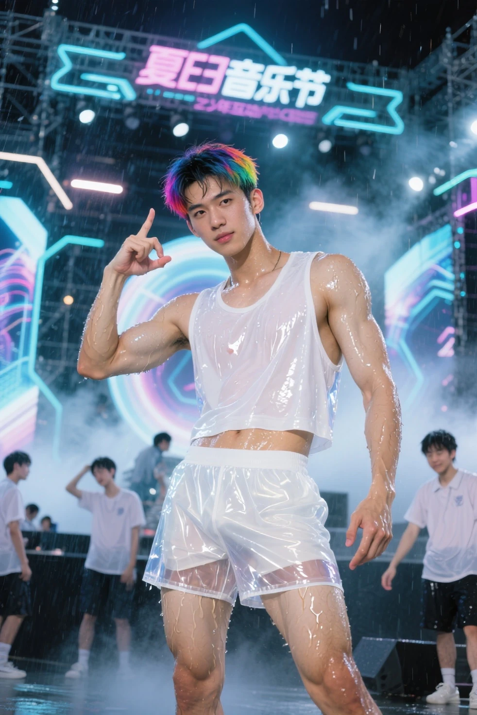 (8k, RAW Photos, Highest quality) masterpiece, 1 ager, 18-year-old, Asian Muscular Man Watching the Viewer, Stand in front, Exposing his huge muscular chest, Puffy nipples, Sexy Six Pack, Tight waist, good looking, topless, Thick body hair, A man wearing thong underwear , Gradient Background, Shine & Sequin Backdrops , Cinema Lighting, Ultra-high resolution
