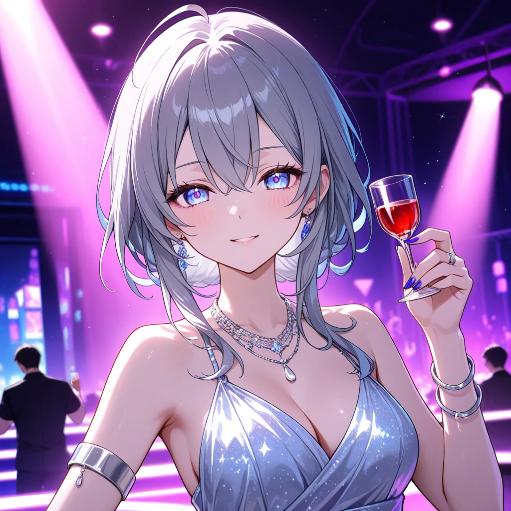 ((best quality)), ((Masterpiece)), (details), 1 woman, small breasts, light purple hair, blue eyes, ((short hair)), Bangs , beautiful face, Beautiful skin, Long eyelashes, Thick eyelashes, modern, Cocktail Glass, Calm atmosphere, Drink a martini, luxurious ball gown, ((Cocktail Glass 1 ใบ)), At the bar counter,
