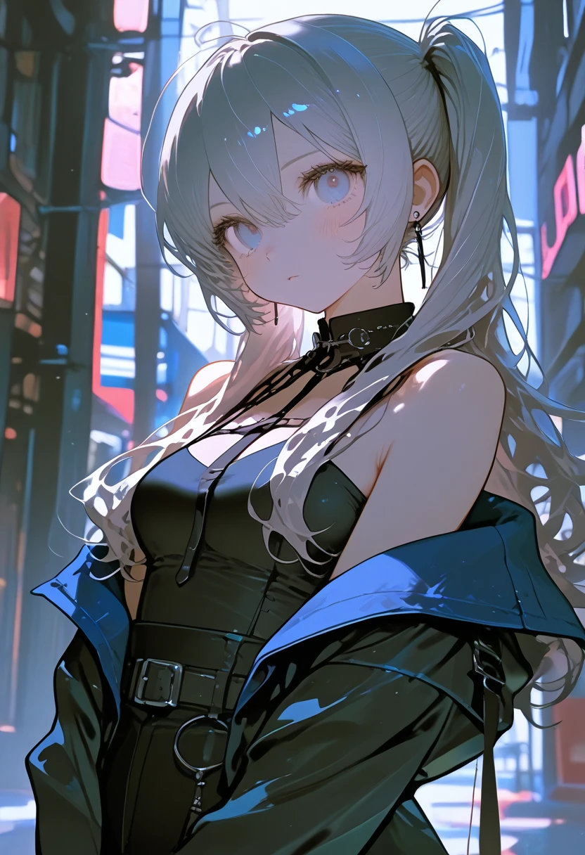Photograph of the upper body of a beautiful woman,  , big breasts), (small waist, perfect body), Sharp focus, (tall body, mature woman), ((Looking ahead)), (Highly detailed skin, hair follicles:1.4,) (long ponytail hairstyle, blue eyes) , (black t-shirt:1.47),(green pants),chain , There are tears. , Cross necklace , wearing a black leather jacket,  cross chain, city scenery , punk , night light  , high quality ,cold expression, one leather gloves , biker style 