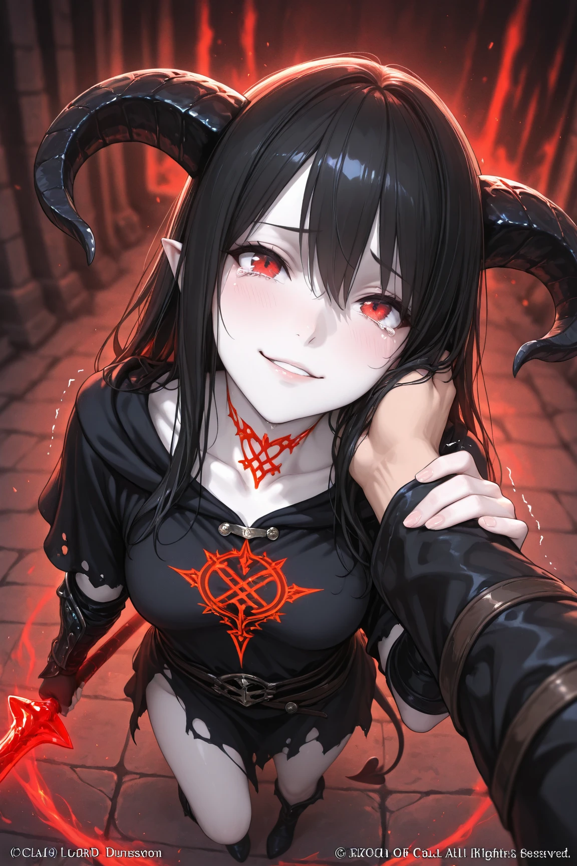 One Girl, Demon Horns, Red eyes, grumpy, cross-legged, black hair, jitome, , masterpiece, best quality, high quality, ultra detailed