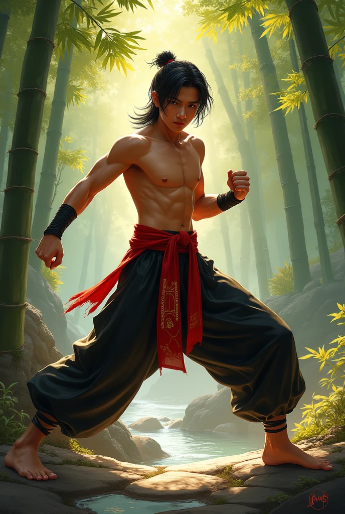 2D, martial arts fighter, long hair, 20s young appearance, background of a cabin in the woods
