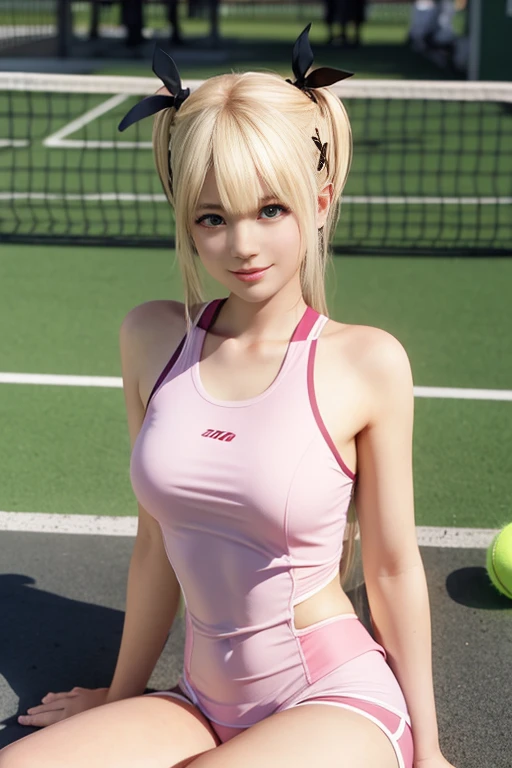 high resolution, best quality, masterpiece, ultra high quality, ultra detail, ultra realistic, 3D, anime, illustration, fantasy, solo, ((beauty woman in tennis court short skirt)), squatting and touching hair, (looking at camera), (background blur))), white sneakers, bare feet, (cotton underwear), large breasts, frontal shooting,