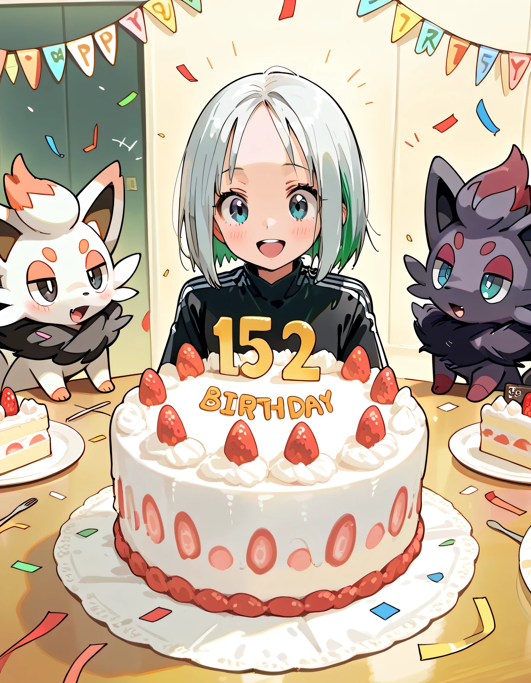 chibi Zorua(pokemon), and hisui zorua(pokemon),Zorua's birthday party, birthday cake on the table, birthday cake hat on Zorua's head, crackers, confetti, celebratory atmosphere, The antique and stylish rooms are filled with Pokemon goods,(with female,black shoulder length bob hair,forehead,upperbody),soft lineart, The antique and stylish rooms are filled with Pokemon goods background,