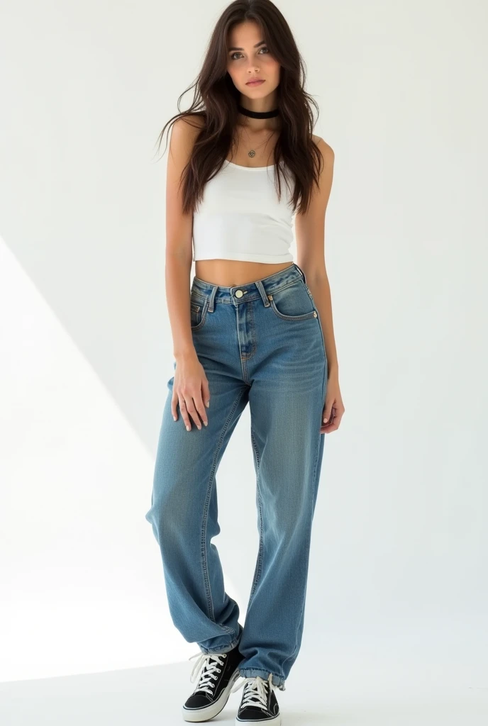 Beautiful blond-haired woman with green eyes. Belly button high slightly wider jeans and white top. With white sneakers. in good shape