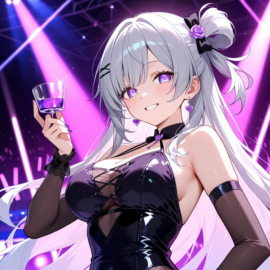 1 girl,Super delicate skin,Radiant Skin,Moist oily skin, devil smile,Huge Chest,Chest,Vibrant colors,masterpiece,best quality,Extremely detailed,high resolution,concentrated,Nightclub,Look at the audience,((masterpiece、best quality、Very detailed)、((A girl))、Reverse Bunny Girl、Pink Eyes、((There are many piercings))、((Big Chest))、Cowboy shooting、Shooting from above、Purple light strip,((best quality)), ((masterpiece)), (detailed), (character focus、Chest Focus,whole body), Thick Legs,Side Ponytail,Long hair,curls,Double tail,Thick thighs,Huge breasts,Half Chest Exposed,Fascinating three-dimensional,Fascinating three-dimensional,Fascinating three-dimensional,Whole body soaked,Shortness of breath,Bright Black