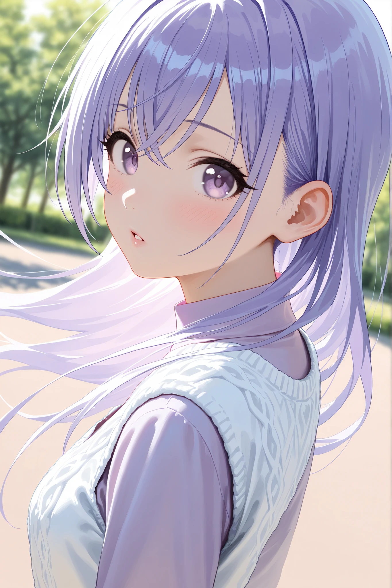 (Masterpiece), (Highest quality), (Very detailed), 
(The best shape), (Best Shadow), (Absurd), 
(Detailed background), (So beautiful), Shiny , 
Extraordinary, Countershading, 8k, 32K, High resolution, Beautiful eyes in every detail,
Very Detailed CG, UHD,

Score_9, Score_8_up, Score_7_up, Source_anime, 
(Pastel painting:1.2), (Watercolor painting:1.2),
(Masterpiece, Detailed:1.2), (Foreshortening:1.2),

Cinematic, Dramatic, (Depth of field:1.4),
(Blurry background:1.4), (Realistic background:1.4),
(Foreshortening:1.3),Dynamic angle, 1 girl,
Outdoor, Nature, Park, Wind,

Suzuki Hana,
The idolmaster shiny colors,
hana suzuki, purple hair, purple eyes, long hair,

(Casual wear:1.3),
vest, white vest, Wool knit vest,
(High neck shirt:1.1), light purple shirt, long sleeves shirt,

portrait, Focus on face, close up shot,
(Blush:1.3), parted lips, looking at viewer,
looking back,
Realistic skin, Shiny skin,
