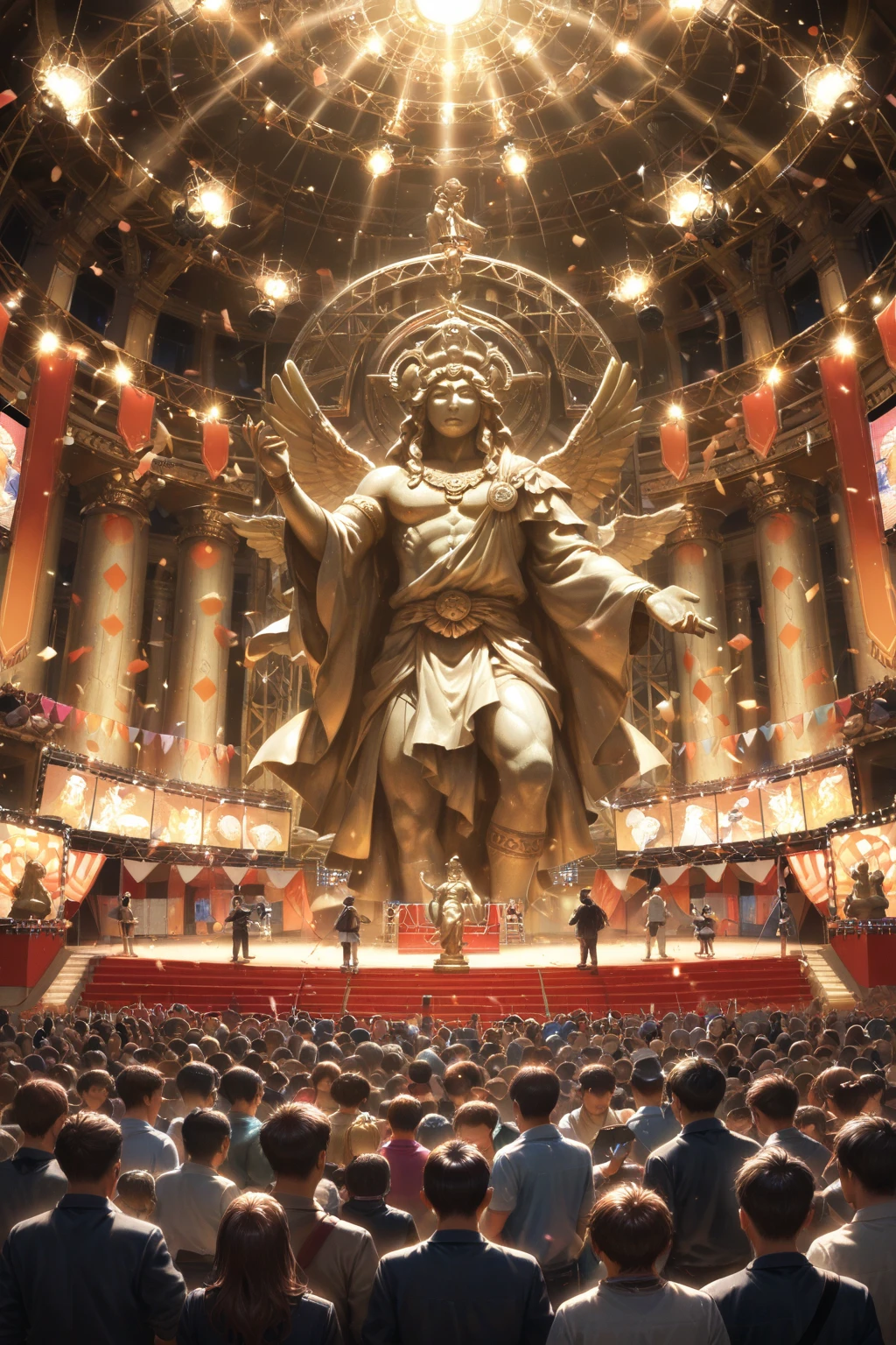 Crowds of people worshipping a massive idol of mammon