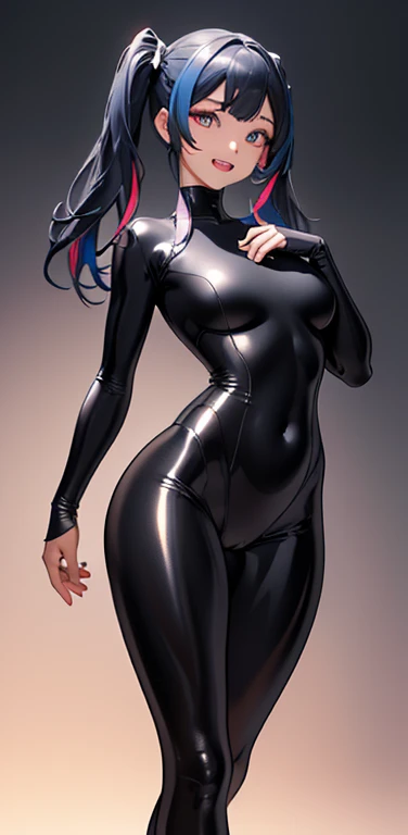 (Masterpiece), Best Quality, ultra-detailed, 1girl (jessie pokemon, Big and pretty breasts, naked body, hair slicked back, purple hair, long hair,blue eyes, half-closed eyes),evil face, smirk, parted lips, head tilt, mascara, full makeup, black eyeshadow, red lipstick, solo,black tight bodysuit, zipper(lower),???????, lower zipper, breasts, navel, in the cellar, dark, dark light, standing, Sexy waist teasing,from_below