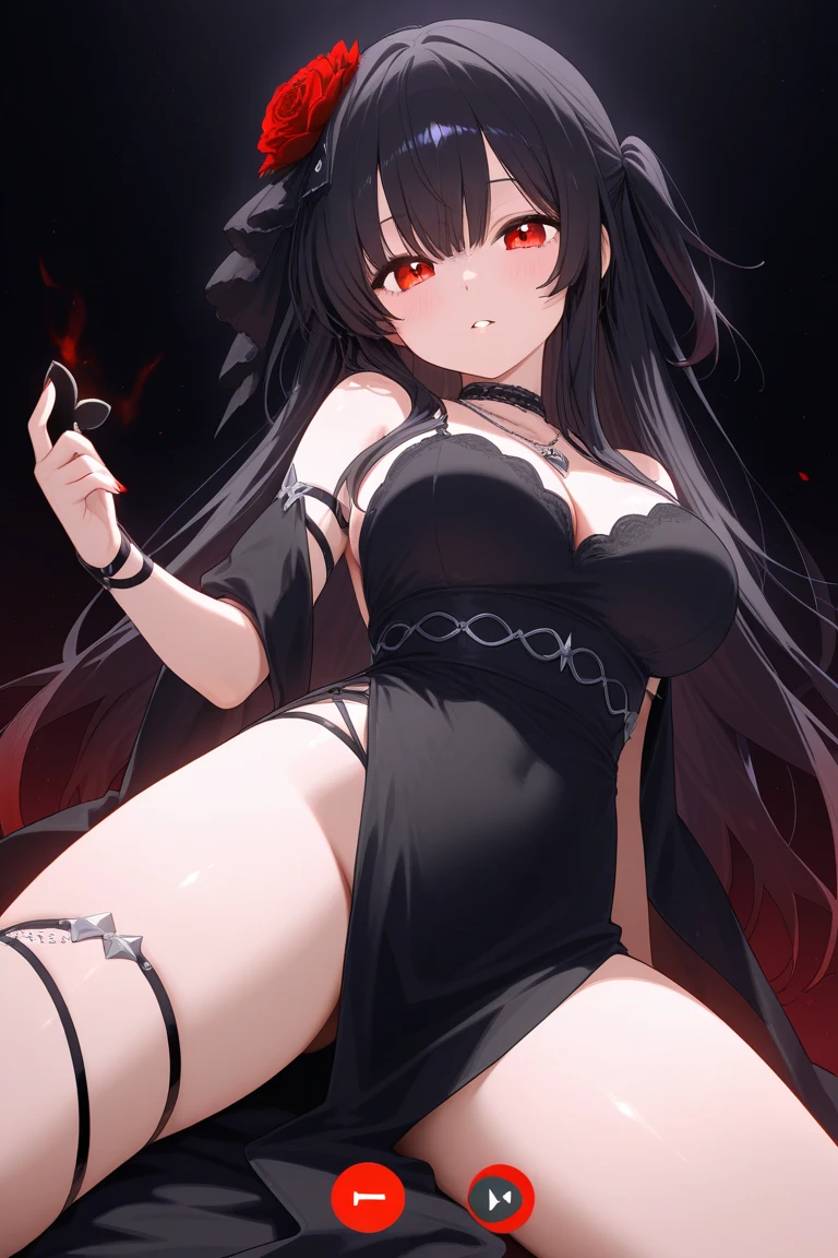 Long hair, black hair, red eyes, revealing outfit, black transparent lingerie, seductive sitting position, big breasts