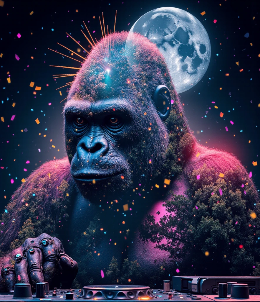 gorilla、King Kong、Rainbow colorsのgorilla、gorillaたちに囲まれて、Mysterious Landscape、firework、firework大会、Rainbow colorsのfireworkが打ちあがっている瞬間、夜nullとともに、幻想的な海景色で壮大なfirework、future都市、Highest quality、masterpiece, (Diffuse reflection of light:1.2), When the fantastic rainbow turns into shadow, bathed in a mystical atmosphere.The whales are watching too, Cast magic spells. evoke a sense of wonder and awe. A fusion of natural grandeur and magic, Weaving dreams into reality. Behold, null, And the unknown, Fleeting、And an eternal moment, 16K, Ultra-high resolution.Realistic, Ultra-high resolution, to be born,future、Rainbow colorsに光り輝く、Rainbow colors、The world 30 years from now。