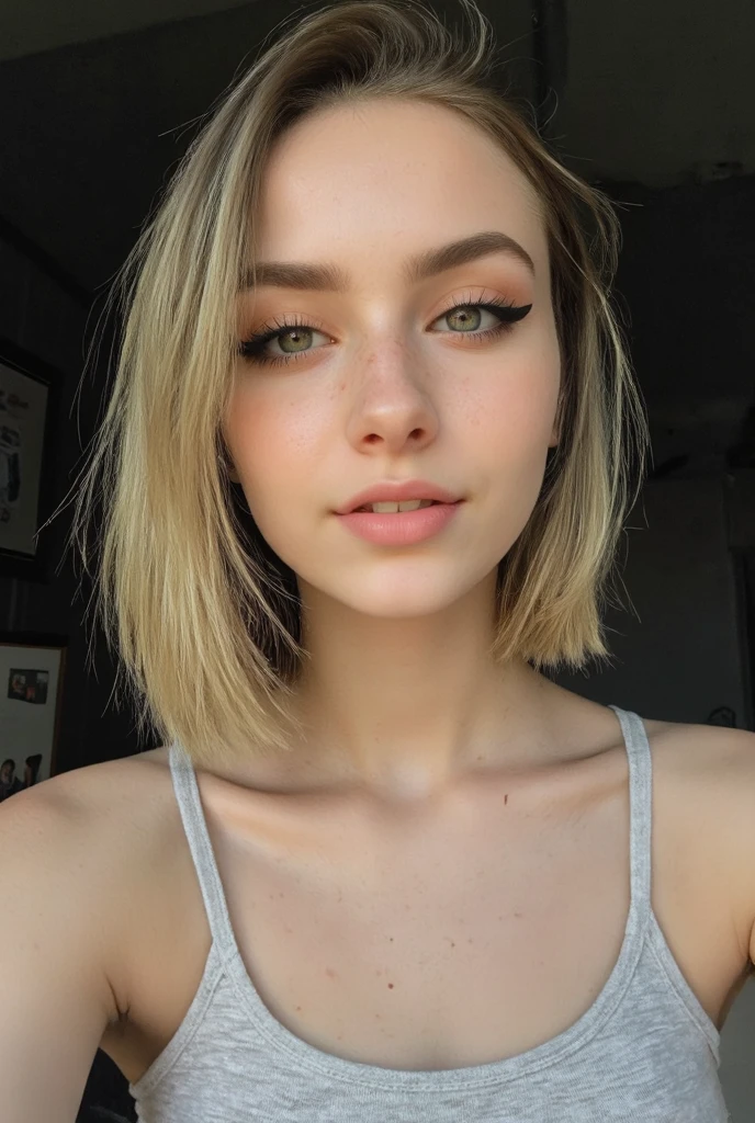 Photo of a 22-year-old girl, blonde short wavy hair, big yellow eyes, very natural face, supermodel face, very pretty, wide lips, Thin eyebrows, pointy nose, long eyelashes. Ultra textured skin, wearing a wet t-shirt allowing a see through of her breast and nipples