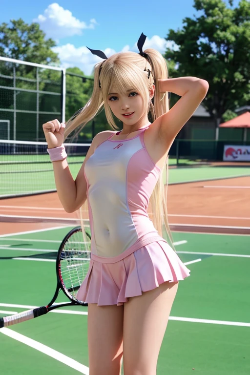 Blonde woman sitting on the ground holding tennis racket and tennis ball, Seductive Anime Girl, Anime girl cosplay, real life anime girl, Ayaka Cosplay, a hyperrealistic schoolgirl, a hyperrealistic schoolgirl, Playing tennis, charming anime girls, Tennis Wear, beautiful alluring anime teen, Realistic Schoolgirl, loli in dress, misa amane