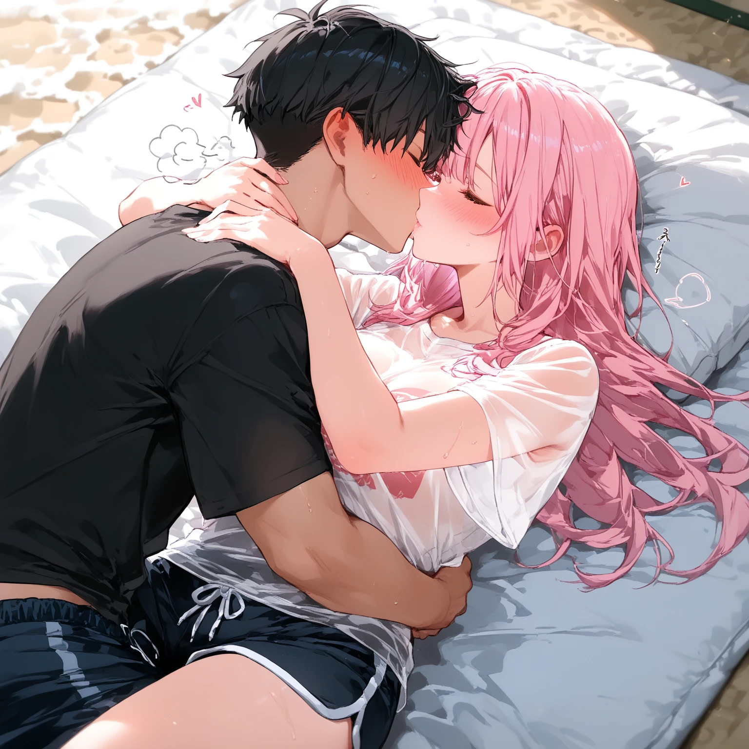 girl, Shikimori-san, Pink Hair, Long Hair, blue eyes, Hair between the eyes, bangs, blush, compensate,A little embarrassing,I feel,Horny,Sexy atmosphere,chest, View your viewers,Bare Belly,masterpiece, Highest quality,nsfw,On the bed,kiss,Kissing a man,1boy+kiss,