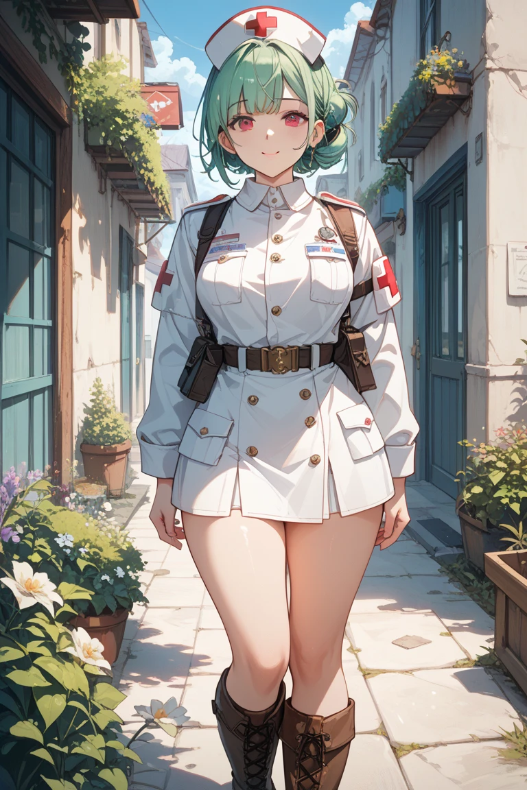 masterpiece, best quality, high resolution, UHD, 8k, ((cowboy shot)), BREAK, 1 girl, ((girl style anime)), Glossy skin, ((((lock of hair covering one eye)))), rounded eye, beautiful eyelash, realistic eye, beautiful woman, with green eye, curly hair, green hair, type of haircut bob, with two white highlights in the fringe, perfect body, medium breasts, BREAK, wearing white gloves, detailed clothes, beautiful face, (seductive smile:1.2), postman woman, with mailman cap, wearing brown light mailman uniform, brown miniskirt, with a big paper envelope in his hand, with a bagpack with letters, BREAK, standing and facing the viewer, giving a letter to viewer in a streeth