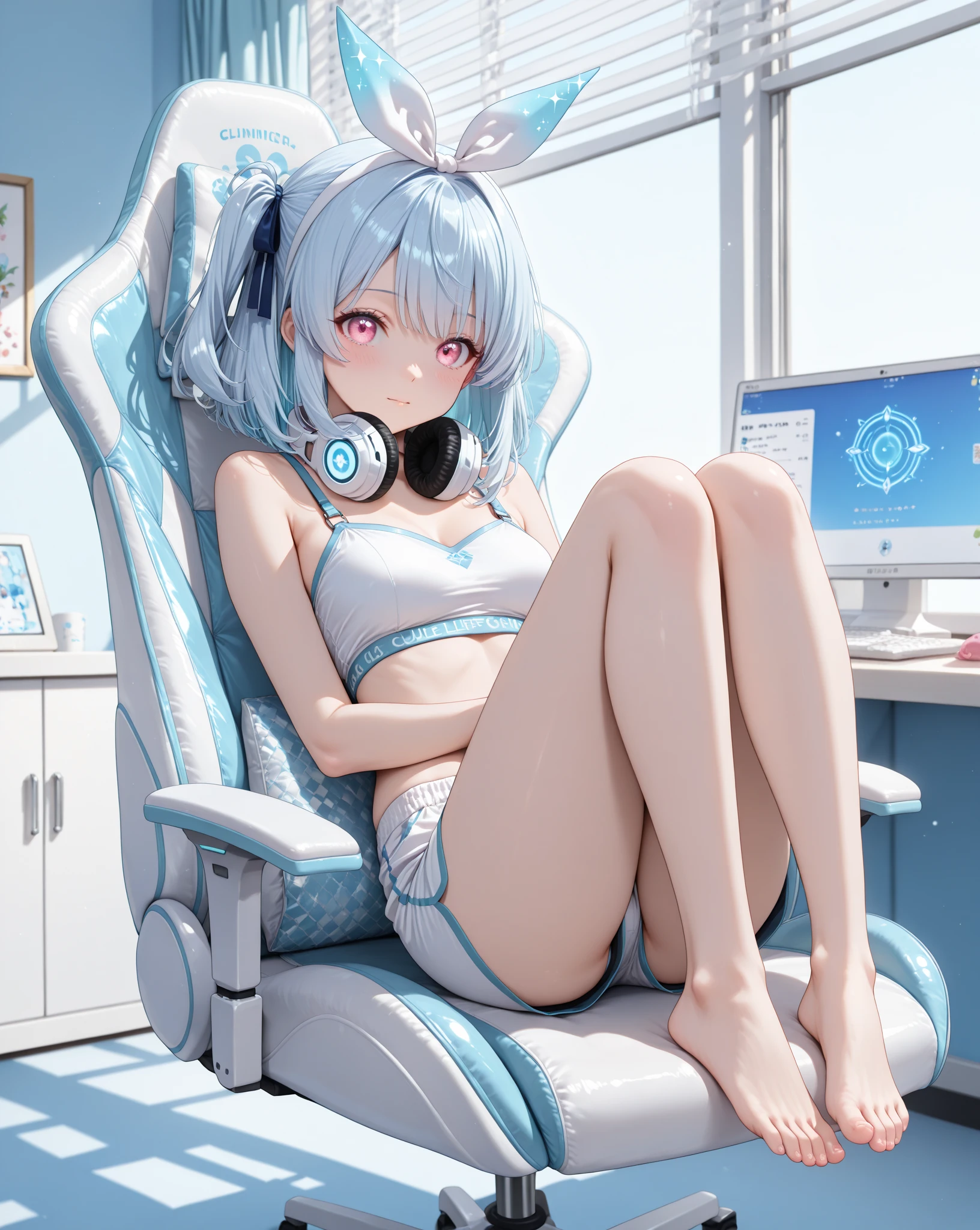 Bare legs Naked Girl Silver hair Microcurly Cyberpunk style Miha game streamer Blue pick dye In the bedroom Ling Poli Hacker Climbing on the bed In front of the computer desk Holding a game console Leg ring Sick and weak A cup Skin color pale Bound Showing genitals Fucked