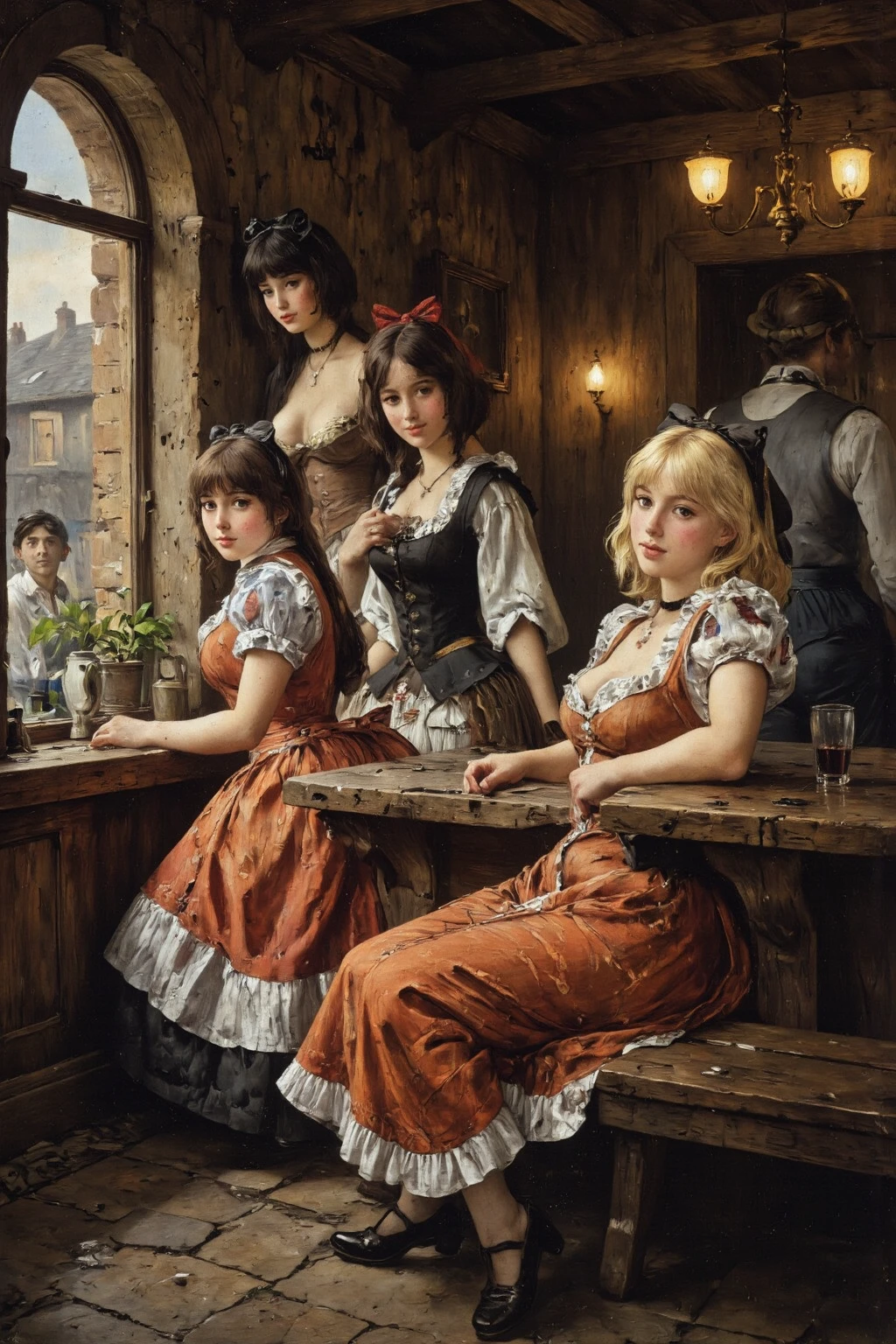 Luminescence,Inside an old pub in medieval England,Petite and beautiful bar girl,Giant breasts, narrow waist, medieval long dress,Half chest exposed,Holding a wooden wine glass and laughing with a group of male guests,Candle light and shadow,Cinematic lighting,Soft focus effect,Detailed and complex background, Baroque style,Renaissance art ,realistic, Track focus,Fill light, Welcoming atmosphere,Place is dirty,confusion,